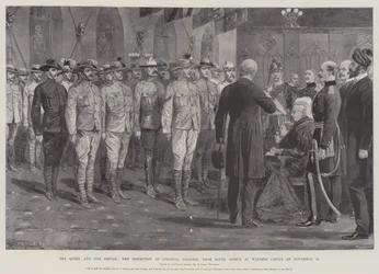 De Koningin en haar Rijk, de Inspectie van Koloniale Soldaten uit Zuid-Afrika in Windsor Castle op 16 november